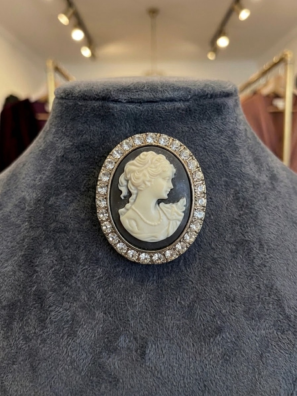 Vintage-Inspired Black & Cream Cameo Brooch with Crystal Halo